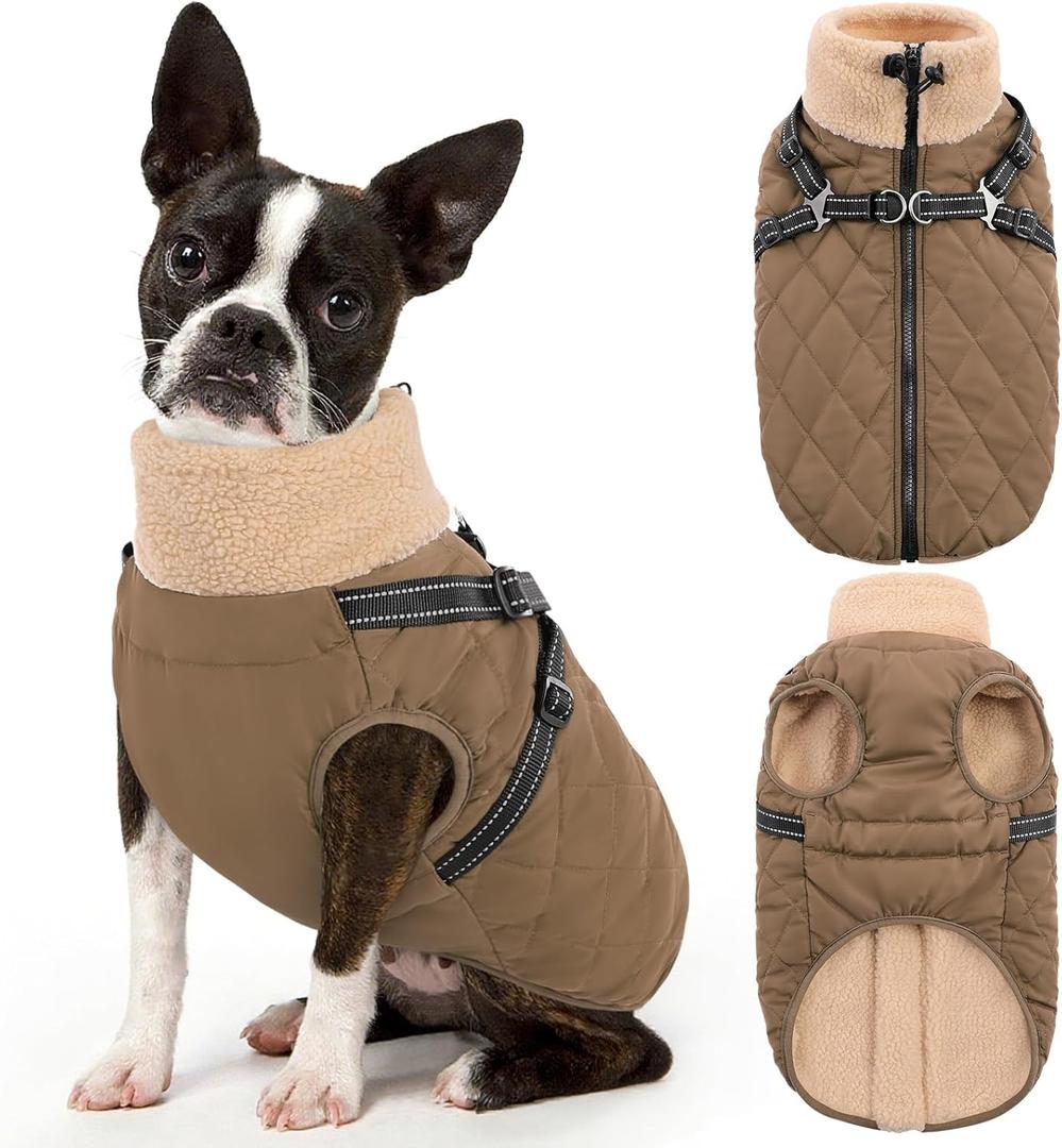 Queenmore Dog Jackets for Large Dogs, Dog Coat with Harness Built-in, Thick Fleece Lining Waterproof Jacket for Large Breeds, Back Zipper Pet Winter Jacket for Retriever, Labrador, Brown XL