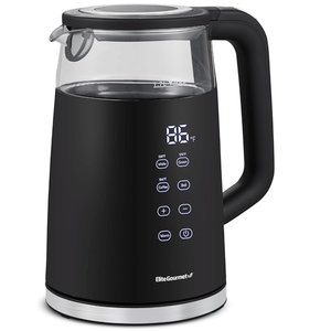 Elite Gourmet 1.7L Dual Wall Cool Touch Electric Tea Kettle, Borosilicate Glass, 304 Stainless Steel Interior, Programmed Digital Touchscreen, Keep Warm, Auto Off & Audible Indicator, Black