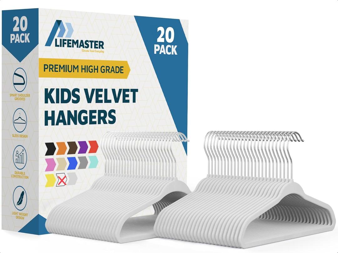 White Velvet Kids Hangers 20 Pack, 10.83" Non-Slip Baby & Toddler Hangers for Clothes, Space-Saving Slim ABS Plastic with 360 Swivel Hook & Notched Shoulders, Up to 10 lb Capacity
