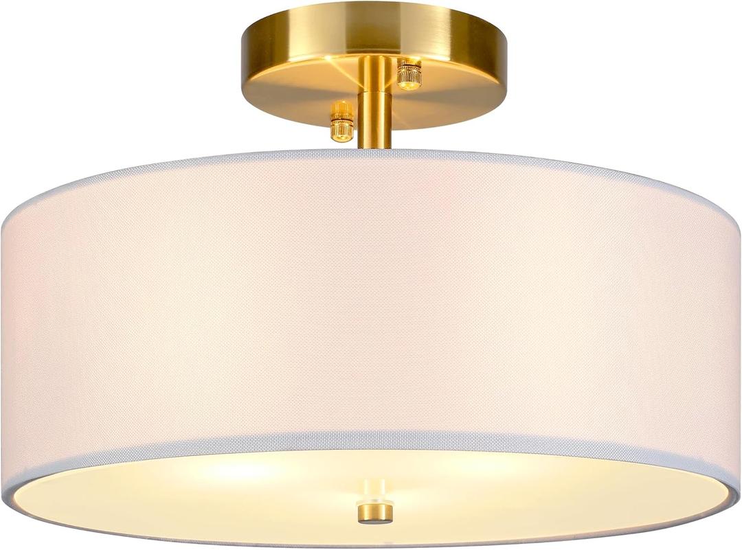 12.6" Semi Flush Mount Ceiling Light Fixture, 3 Light Gold Drum Light Fixtures with White Fabric Shade, Modern Close to Ceiling Lighting for Living Room, Bedroom, Hallway, Entry, Foyer