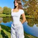 OQQ Women Bodysuits Ruched Short Sleeve Square Neck Stretch Lounge Travel Bodysuits (White, S)