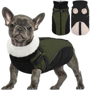 Queenmore Large Dog Jacket with Harness Built-in, Winter Coat for Large Dogs, Warm Puffer Winter Jacket, Cold Weather Waterproof Windproof Snow Parka Coat - Zipper Adjustable, Green/Black L