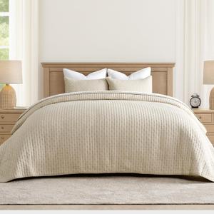 EverGrace 100% Cotton Cross Stitch 3-Piece Quilt Set, 118"x106", Flax Beige