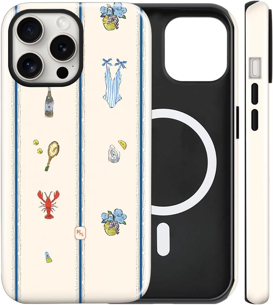 Magnetic for iPhone 15 Pro Case Cute Frog Stripes Phone Case, Summer Shockproof Slim TPU and Hard PC Protective Phone Cover Compatible with MagSafe Designed for Women Girls