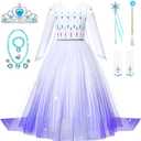 Girls Princess Elsa Dress Costume with Waist Sequins, Detachable Cape, Halloween Christmas Kid Snow Queen Dress Up (10-12T, White)