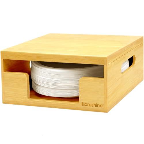 Libreshine 8-10 Inch Bamboo Paper Plate Holder Dispenser with Lid, Stackable Organizer for Disposable Plates, Space-Saving Inside Cabinet/Countertop Storage for Kitchen, Pantry, Office, Party