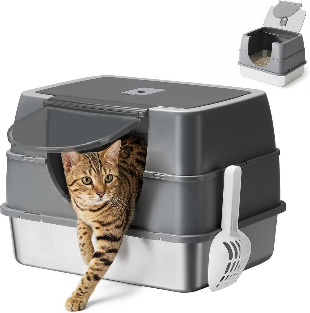 Stainless Steel Enclosed Litter Box with Lid,Covered Litter Box,Grey, Size: 18.9"L x 15"W x 13.7"H