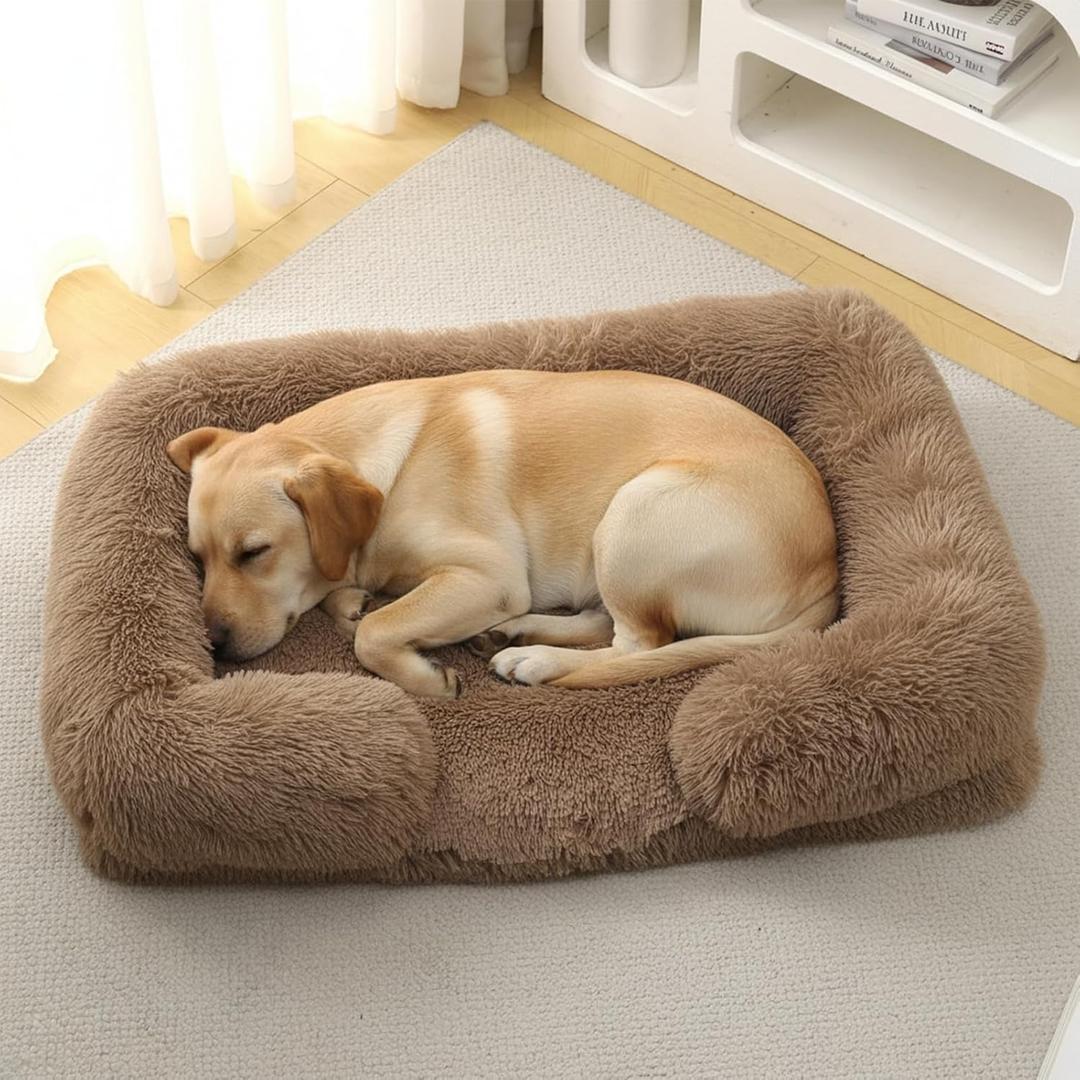Orthopedic Dog Bed for Medium Dogs - Washable Memory Foam Pet Sofa, Fluffy Plush Rectangular Bed, Waterproof Anti-Anxiety Couch, Khaki, M