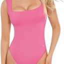 Popilush Bodysuits for Women - Sleeveless Square Neck Thong Bodysuit Tummy Control Going Out Double Lined Tops, Small