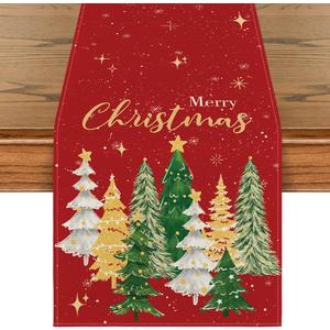 Artoid Mode Xmas Trees Merry Christmas Table Runner, Seasonal Winter Red Kitchen Dining Table Decoration for Home Party Decor 13x90 Inch