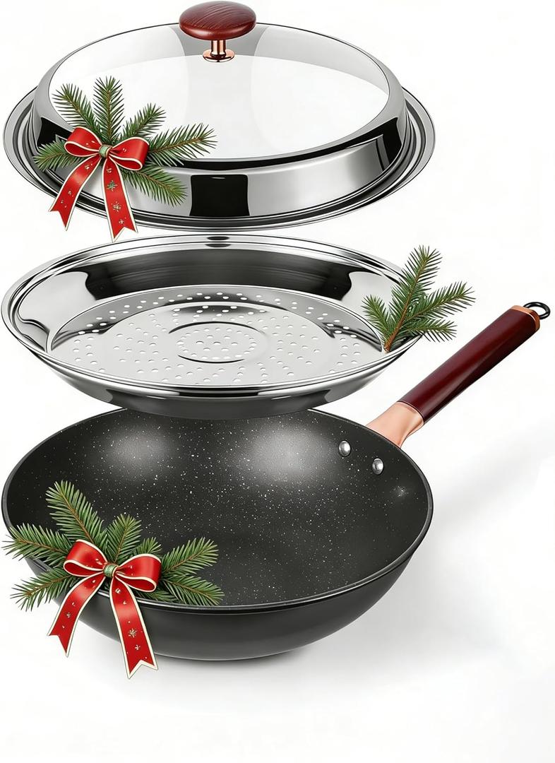 12.5-Inch Carbon Steel Wok Pan with Lid: Woks & Stir-Fry Pans Nonstick with Steamer for Cooking Pan Set, Large Deep Chinese Frying Saute Pan Wok Skillet, Induction Compatible, Stay-Cool Handle, Gifts