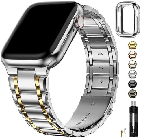 Fullmosa Compatible with Apple Watch Straps 41mm 40mm 38mm Stainless Steel Replacement iWatch Bands with TPU Protective Case for Series 9 8 7 6 5 4 3 2 1 SE, Silver with Gold