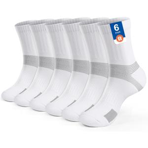 Cushioned Athletic Socks Men Women Ankle Compression Wickking Sock Tennis Running Basketball Workout 6 pack (Medium, White-6 Pairs)