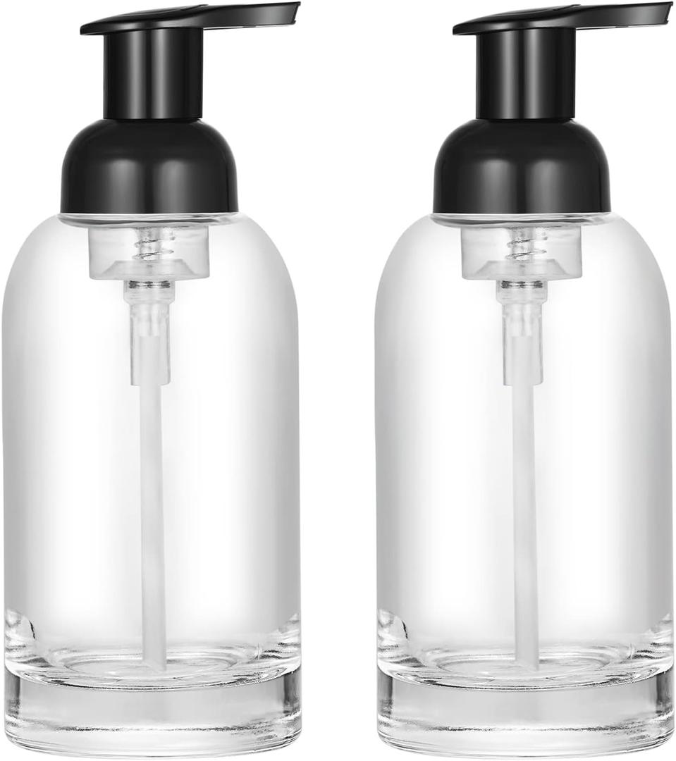 2 Pack Thick Clear Glass Jar Soap Dispenser with Foaming Pump, 13 Ounce Clear Round Bottles Dispenser with Foaming Pump (Black, 13oz)