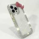 for iPhone 13/14 Cute Bow Pink Case Bling Glitter Diamond Bumper Cover 3D Sparkle Gemstone Luxury Crystal Rhinestone Clear Protective Phone Case for Women Girls Kids Teens