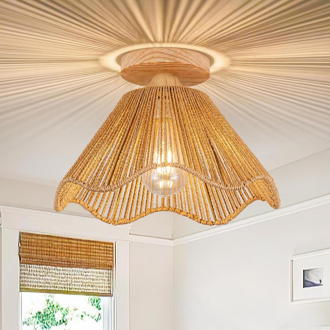 D12.5 Inch Boho Light Fixtures Ceiling Mount Boho Rattan Ceiling Light Flush Mount Mini Chandelier Bedroom Hallway Entryway Bathroom Nursery (Brown-D32cm)