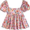 SweatyRocks Girl's Cute Floral Print Short Puff Sleeve Ruffled Blouse Square Neck Ruffle Peplum Tops (Pink)
