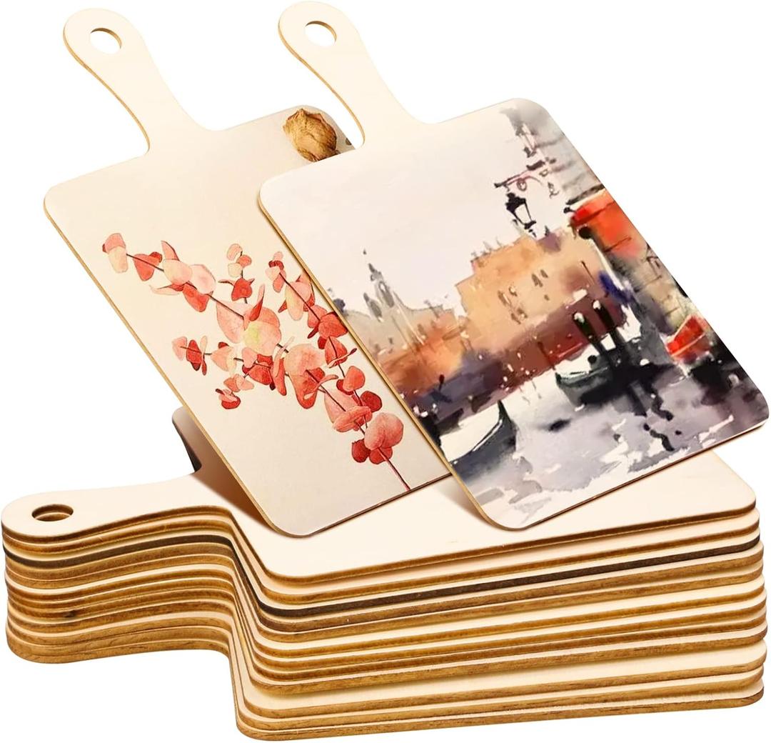Oomcu 12 PCS Wooden Mini Cutting Board with Handle,Rectangle Unfinished Wood Craft Paddle Serving Tray Chopping Board Cutout for DIY Thanksgiving Christmas Home Kitchen Fruit Decor (9.1 x 5.5 Inch)