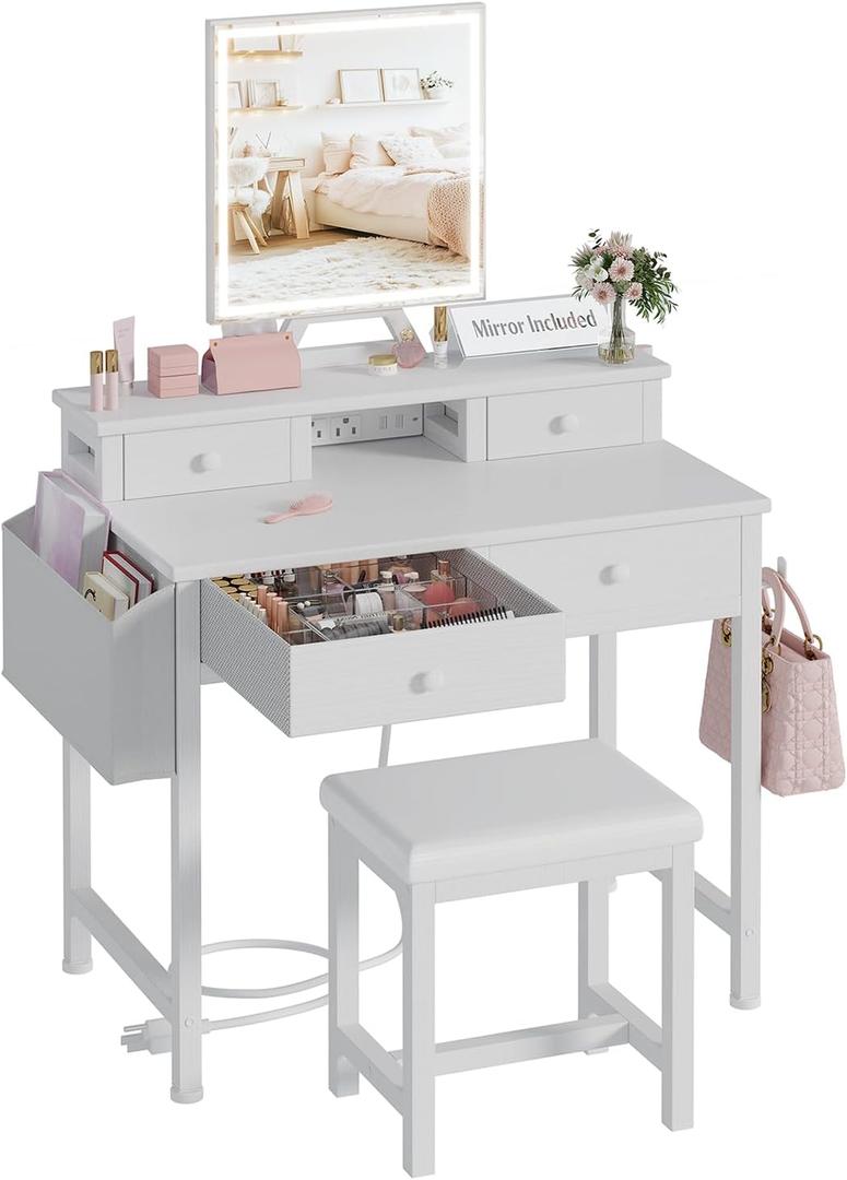 KAI-ROAD White Makeup Vanity Desk with Mirror and Lights, 40 inch Girls Vanity Set with Chair, Make Up Dresser Table with Drawers and Power Outlet for Bedroom Small Space