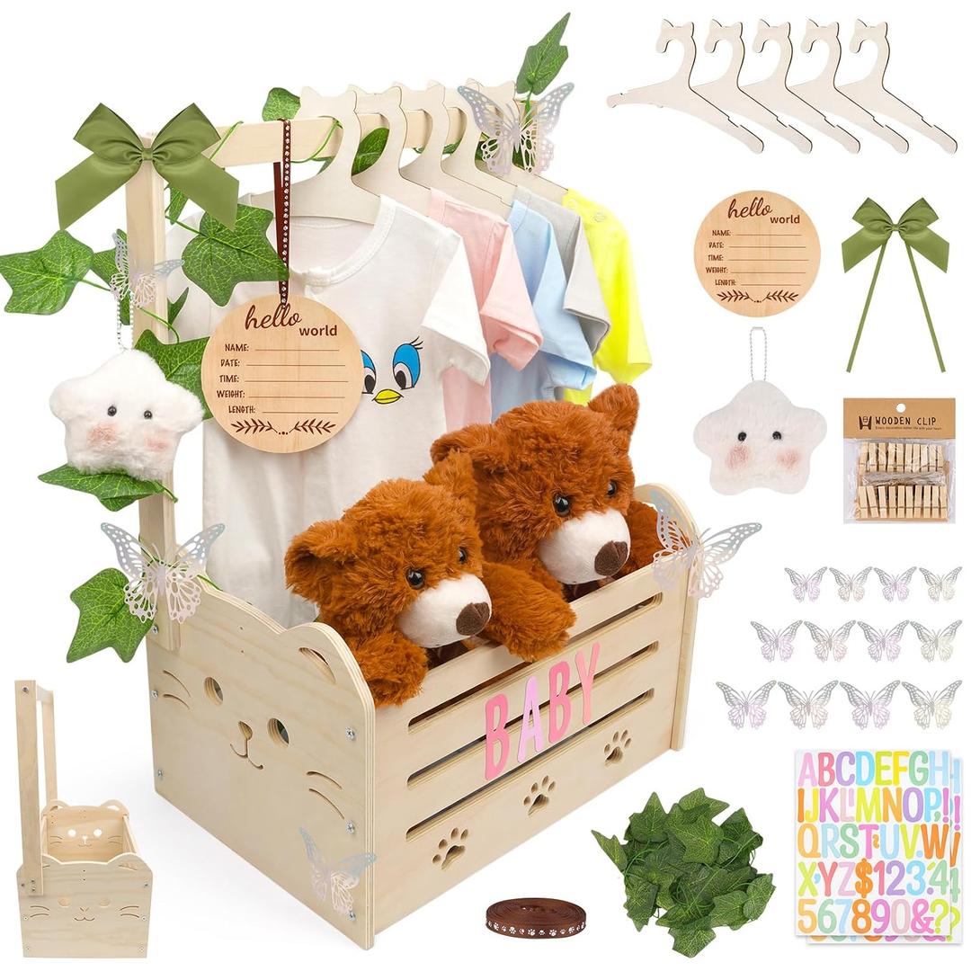 Wooden Baby Shower Crate Closet, Cute Cat Baby Shower Closet Basket with Handle, Gender Reveal Storage Box for Pregnancy New Parent, Personalized Baby Gifts Basket