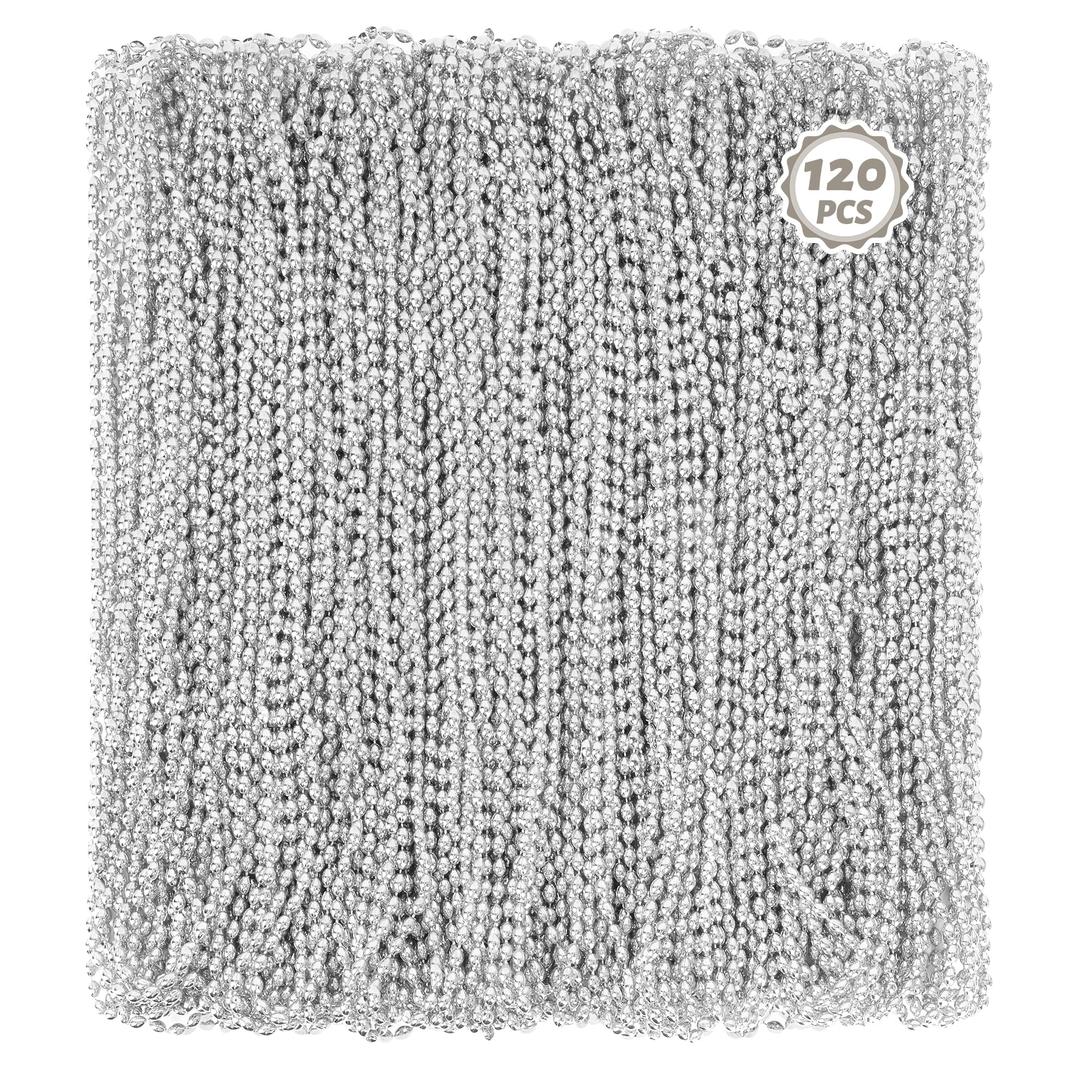 Huskein 120Pcs Silver Mardi Gras Beads Necklaces, 33 Inch Silver Accessories, Oval Beads Necklaces Festival Parade Stuff Bead Necklace for Birthday Party Supplies Wedding Decorations
