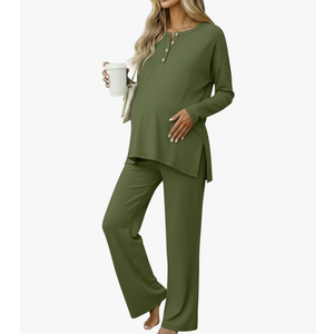 Women's Maternity Pajamas Sets, Long Sleeve Pregnancy Postpartum Delivery Lounge Nursing Pjs with Pockets Pjs Size L