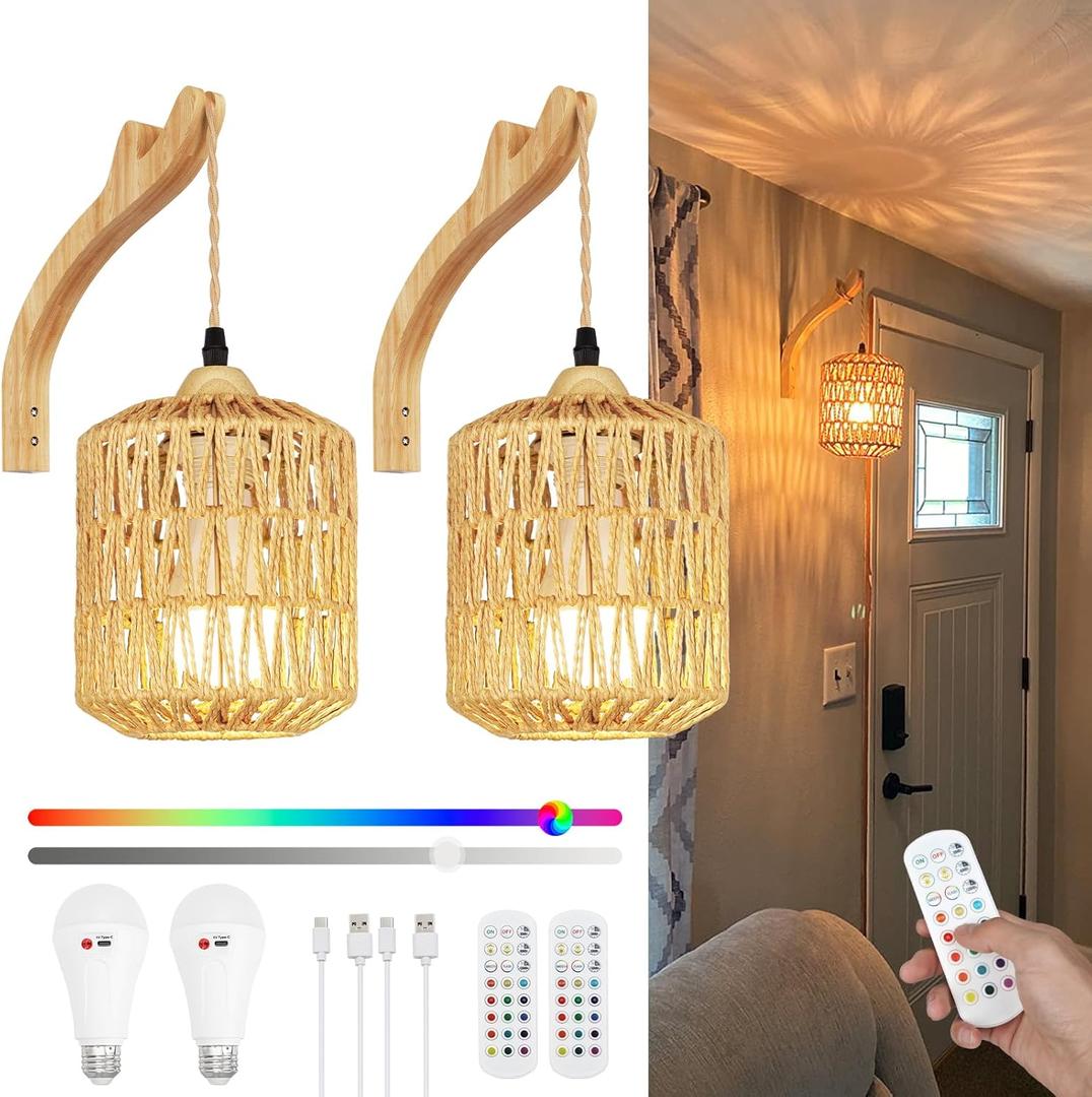 Frideko Boho Rechargeable Wall Sconces Set of Two with Remote, RGB 15 Colors Dimmable Battery Operated Wall Light, Indoor Wireless Wall Lamp with 3 Timer, Farmhouse Rattan Wall Lighting for Bedroom (Brown(2PC-Rechargeable))