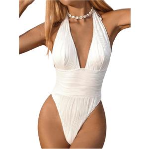 Milumia Women's Textured Halter Tie Backless Swimsuit Sexy Deep V Neck One Piece Bathing Suit (Medium, White)