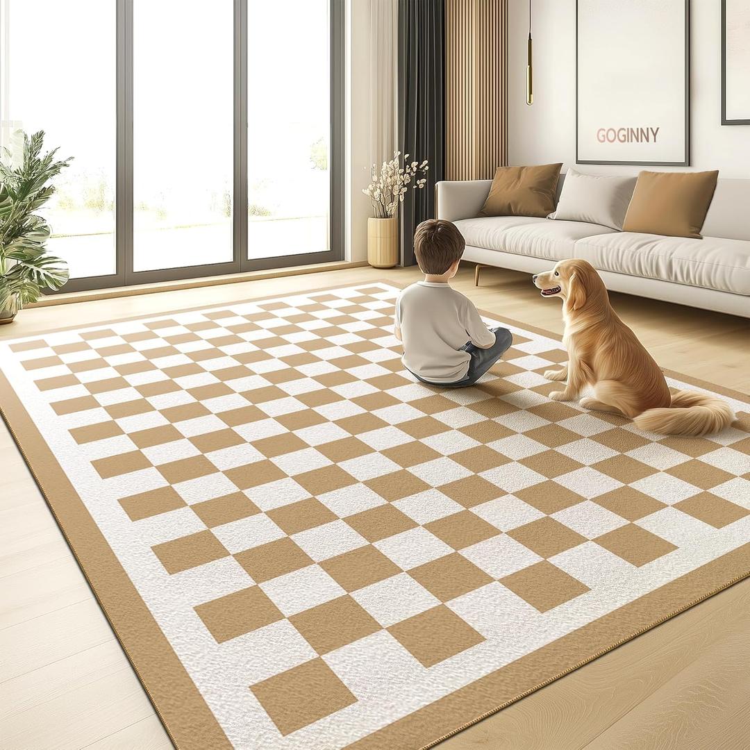 Washable 8x10 Checkered Area Rug for Living Room, Tan Brown Checkerboard Modern Boho Large Rugs, Ultra Thin Low Pile Lightweight Indoor Carpet with Non-Slip Backing for Bedroom Kids Nursery Play Room