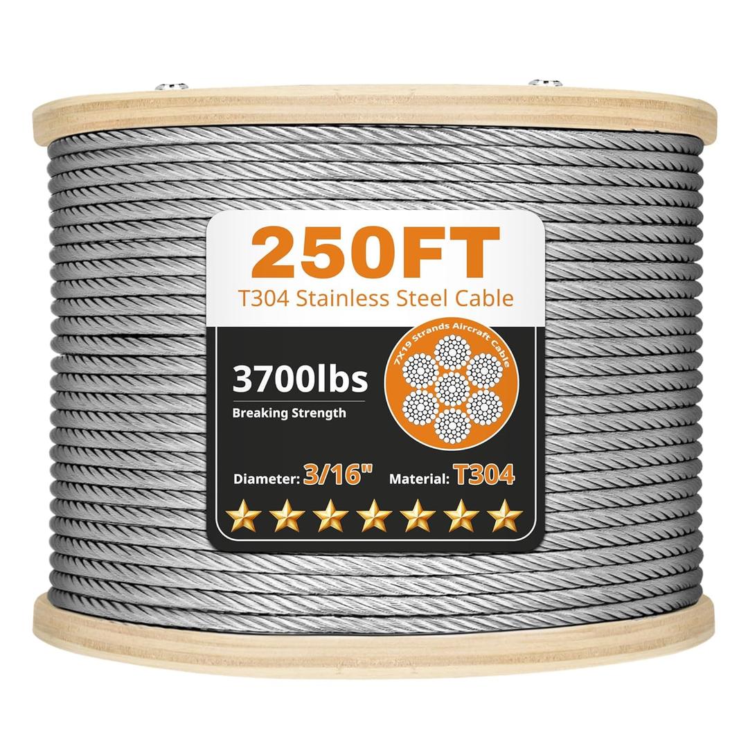 Thickened 3/16" Stainless Steel Cable, 250ft Wire Rope, 7X19 Strands Aircraft Cable, 3700lbs Breaking Strength, Zip Line for Heavy Duty Applications, Deck Railing, String Lights & Yard Zipline