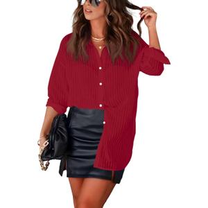 Diosun Womens Striped Sheer Button Down Shirts Long Sleeve Collared Drop Shoulder Stylish Casual Blouse Tops (Red, L)