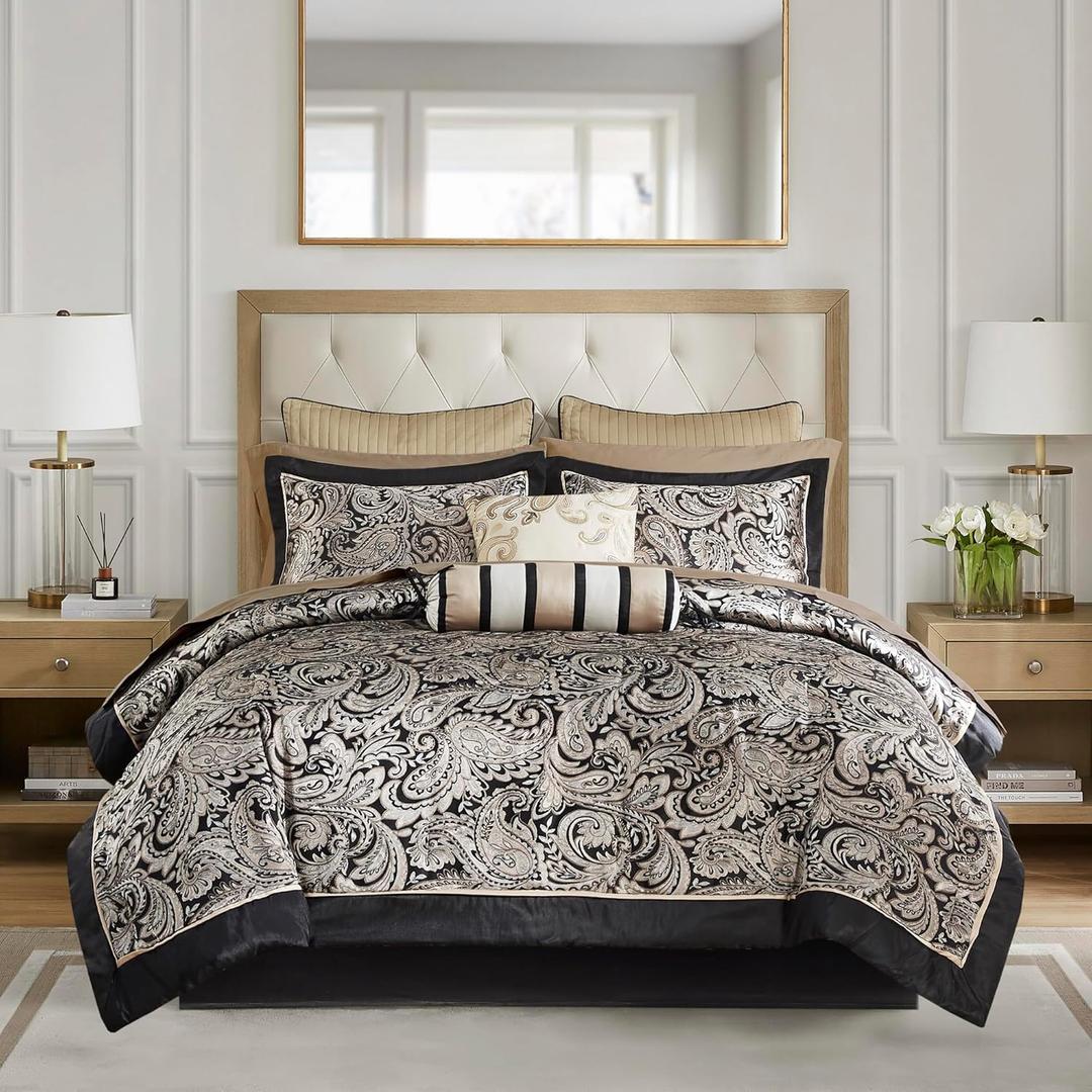 Madison Park Aubrey Cozy Comforter Set, Faux Silk Jacquard Paisley Design - All Season Down Alternative Bedding with Cotton Bed Sheets, Bed Skirt & Toss Pillows, Queen Black 12 Piece