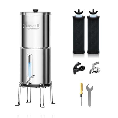 Purewell 1.5G Gravity Water Filter System, 3-Stage 0.01μm Ultra-Filtration Stainless Steel Countertop System with 2 Filters and Stand, Reduce 99% Chlorine, PW-MKS