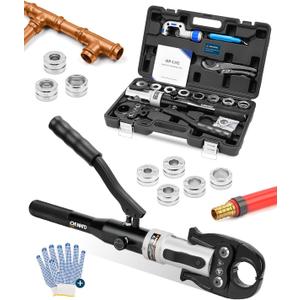 Hydraulic Pipe Crimping Tool Copper Tube Fittings with 1/2", 3/4", 1" Dies for Viega Pro-Press Elkhart Conex Includes 3/8", 1/2", 5/8", 3/4", 1" Dies for ASTM F1807 PEX Pipe Rings