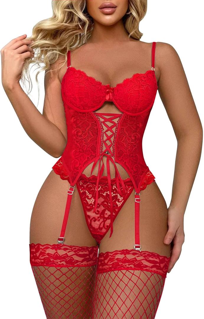 Lilosy Sexy Floral Lace Up Corset Garter Lingerie Set, Red, XS