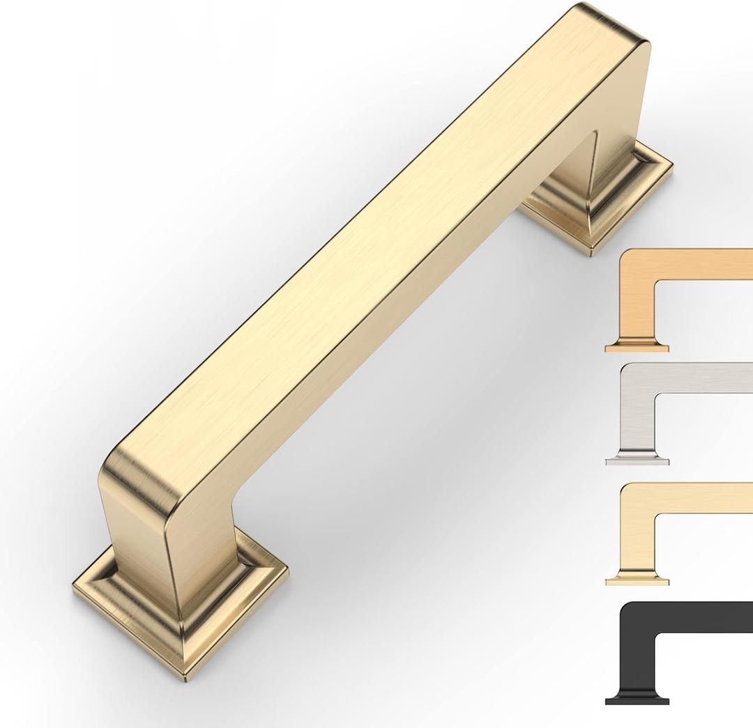 10 Pack 3 Inch Cabinet Handles - Brushed Brass Kitchen Cabinet Hardware - Gold Pulls (3"/76MM Hole Center)