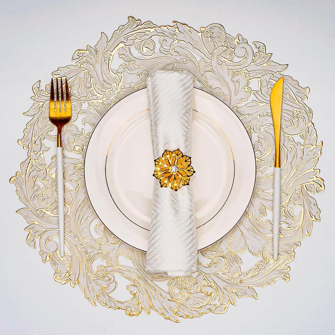 Evevda Gold Placemats Set of 6 Hollow Out Vinyl Dinner Table Mats Non Slip Washable Place Mats for Dining Tables Kitchen Decor