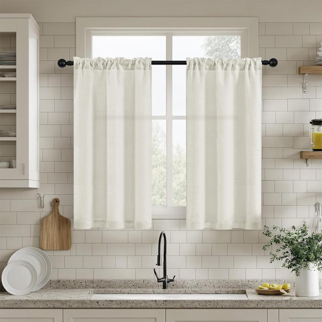 Cream Linen Small Kitchen Curtains 36 Inch Length 2 Panels Rod Pocket Privacy Semitransparent Farmhouse Boho Ivory Window Curtains for Bathroom Light Filtering Semi Sheer Short Curtain W25xL36
