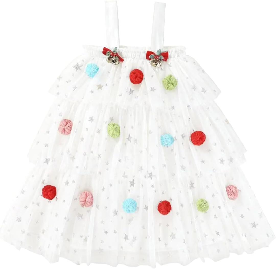 Noubeau Toddler Baby Girl Christmas Dress Star Sequin Layered Green Tutu Dresses Pompom Cake Smash Xmas Clothes (4-5T, White)