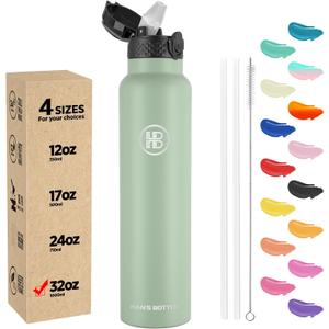 Han's Bottle Sports Water Bottle - 32 Oz, Straw Lid, Leak Proof, Vacuum Insulated Stainless Steel, Double Walled, Thermo Mug, Pine Green