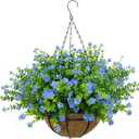 BCBLF Artificial Hanging Flowers Basket, 12 UVResistant Bundles of Realistic Fake Flowers, Faux Plants for Outdoor Decor, Home, Garden, Porch, Patio, Spring & Summer Decorations, Blue