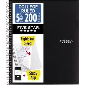 Five Star Spiral Notebook + Study App, 5 Subject, College Ruled Paper, 8-1/2" x 11", 200 Sheets, Fights Ink Bleed, Water Resistant Cover, Black (72081)