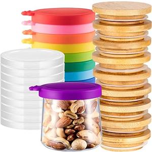Mumufy 27 Pcs Yogurt Jar Lids Clear Plastic Silicone Bamboo Wood Container Lids with Silicone Sealing Rings Reusable Replacement Covers Compatible with Oui Yogurt Jars