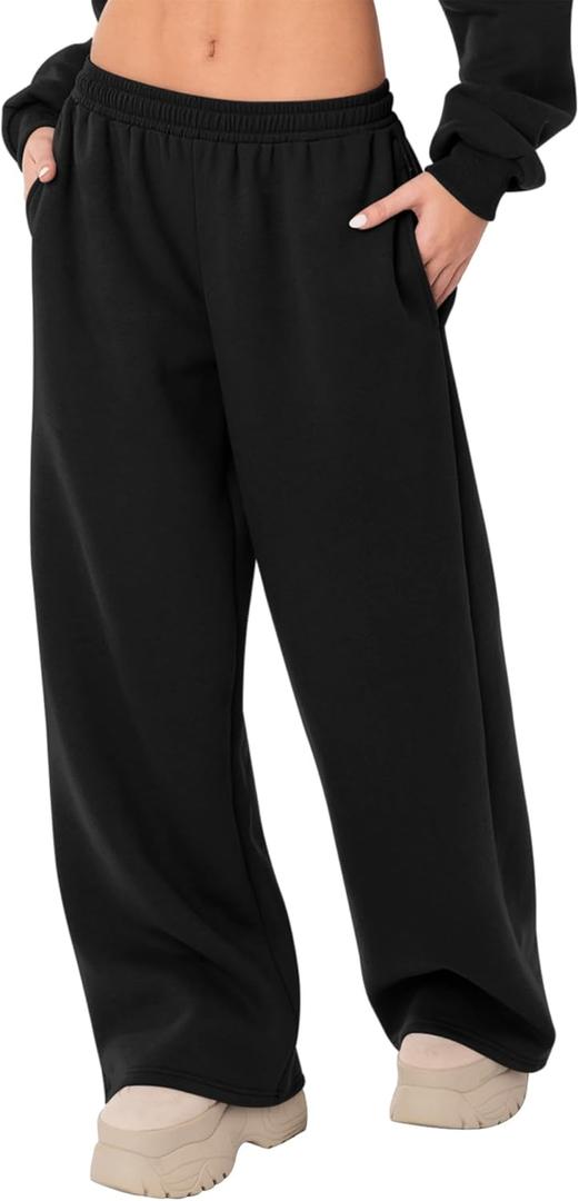 LOMON Wide Leg Sweatpants Women Fleece Sweat Pants Fall Clothes 2025 Teen Girl Baggy Jogger Sweatpant with Pockets (Black, L)