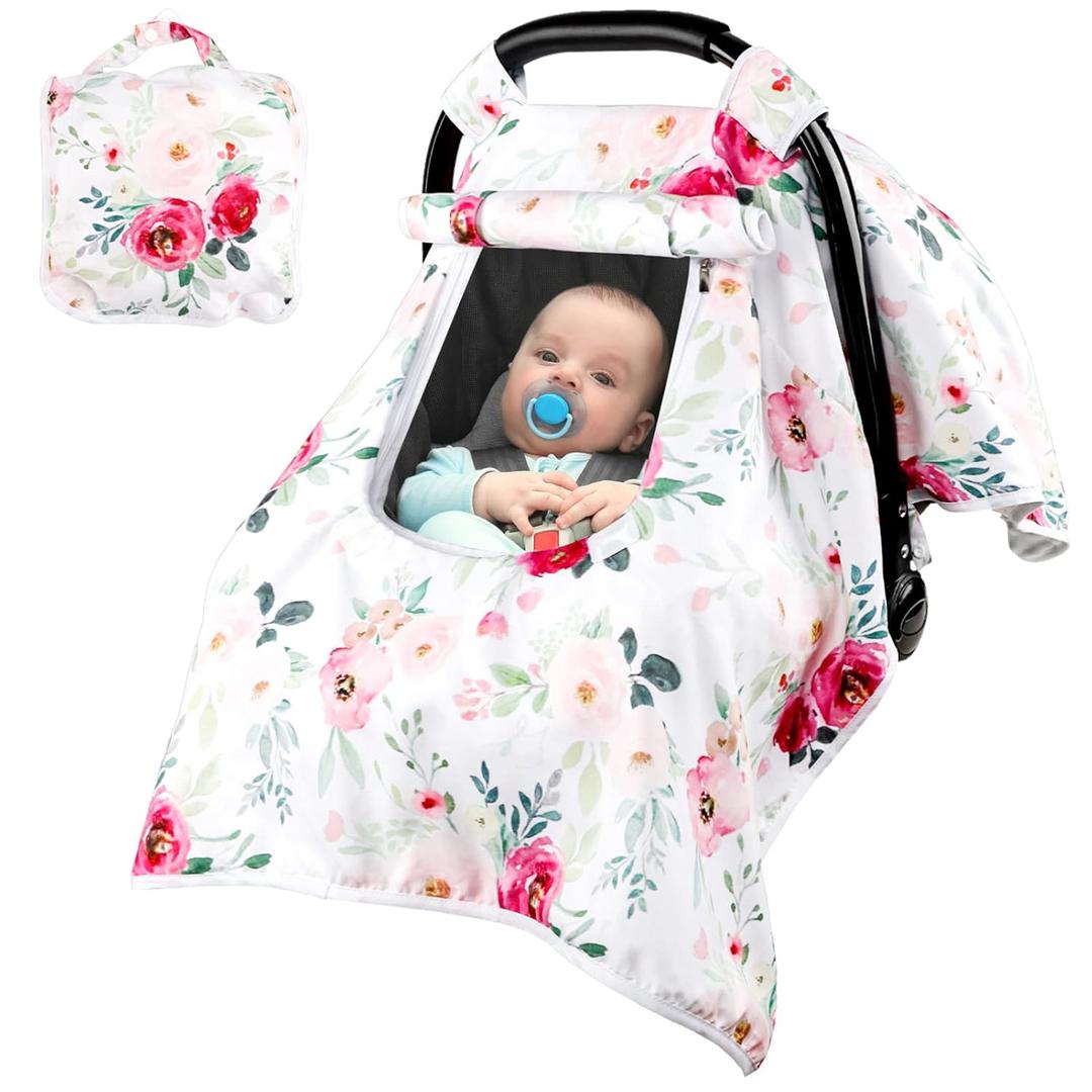 Car Seat Covers for Babies Girl, Winter Carseat Seat Cover for Newborns, Carseat Canopy Cozy & Warm Cover, Carrier Cover with Peep Windows, Pink Flower Rose (Floral)