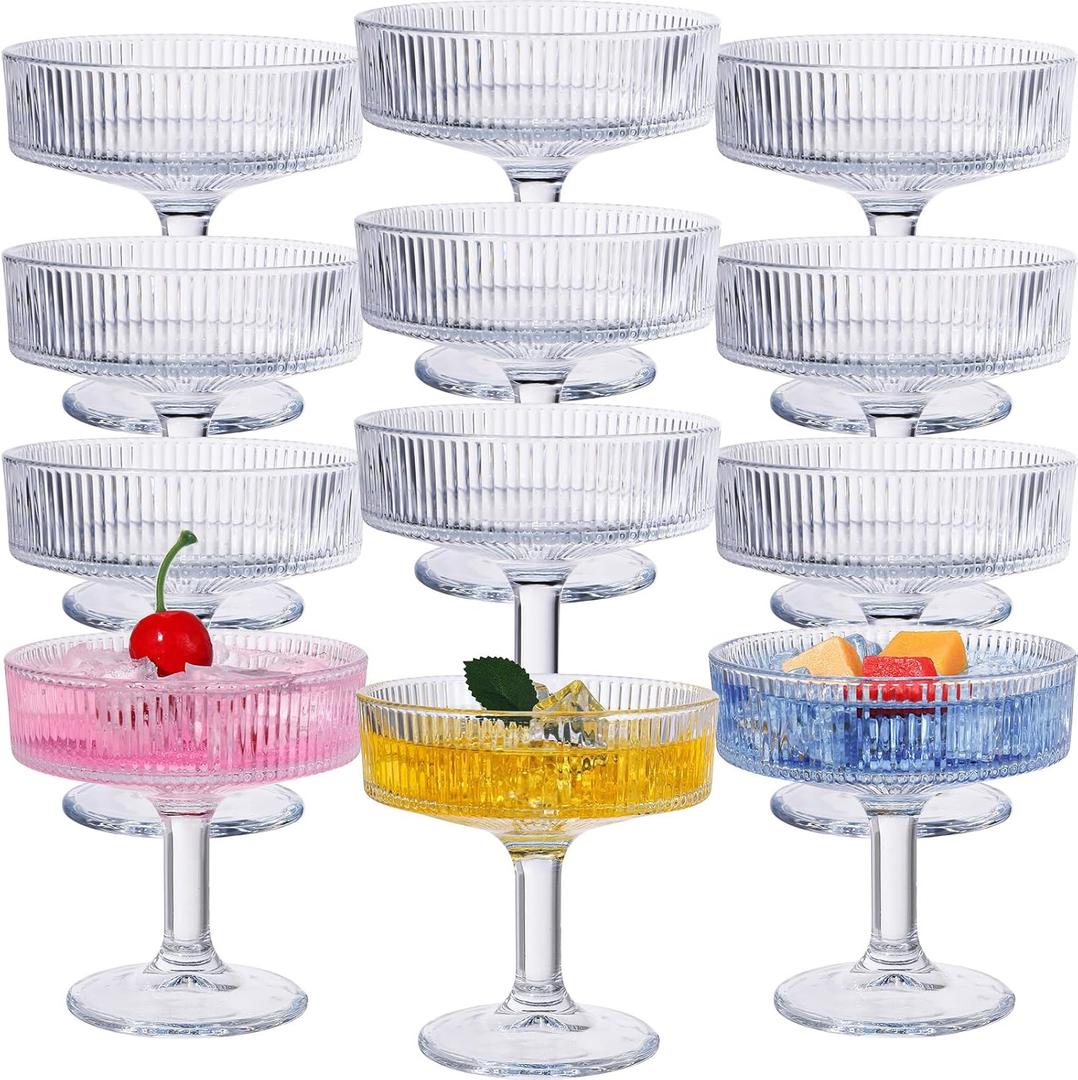 Teenyyou 12 Pcs Ribbed Vintage Coupe Glasses 7 oz Martini Glasses Champagne Coupe Classic Cocktail Glassware Reusable Ribbed Glassware for Cocktail Martini European Style (Clear)