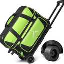 Double Roller 2 Ball Bowling Bag with Separate Shoe Compartment for Bowling Shoes (Up To US Mens Size 15) and Oversized Accessory Pocket, Retractable Handle - Extends to 40" (Black-Green)