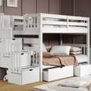 Bedz King Stairway Bunk Beds Twin over Twin with 3 Drawers in the Steps and 2 Under Bed Drawers, White (White)