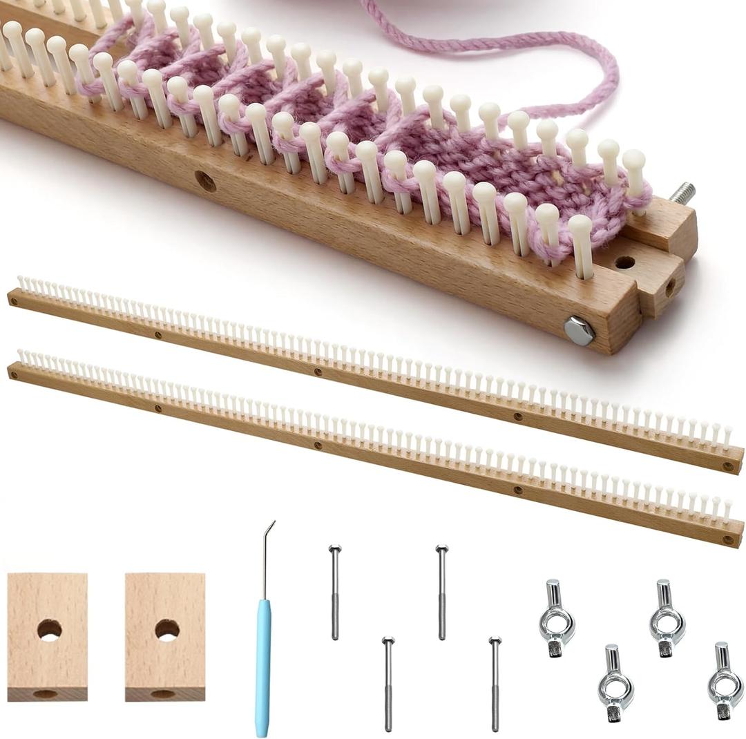 Lounsweer 38" Extra Long Chunky Blanket Loom Knitting Board Kit Adjustable Wood Looms for Beginners DIY Craft Enthusiasts Single Knit and Double Knit 168 Pegs