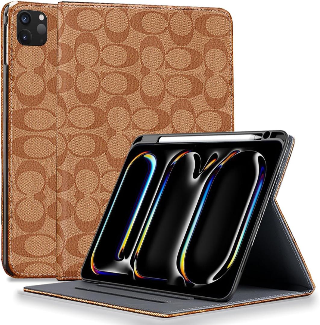 Designer Compatible iPad Pro 11 Inch Case 2024 5th Generation M4 (Model: A2836/A2837/A3006) PU Leather with Pencil Holder Soft TPU Back Case,Auto Sleep/Wake Cover,for Women Girls Aesthetic-brown